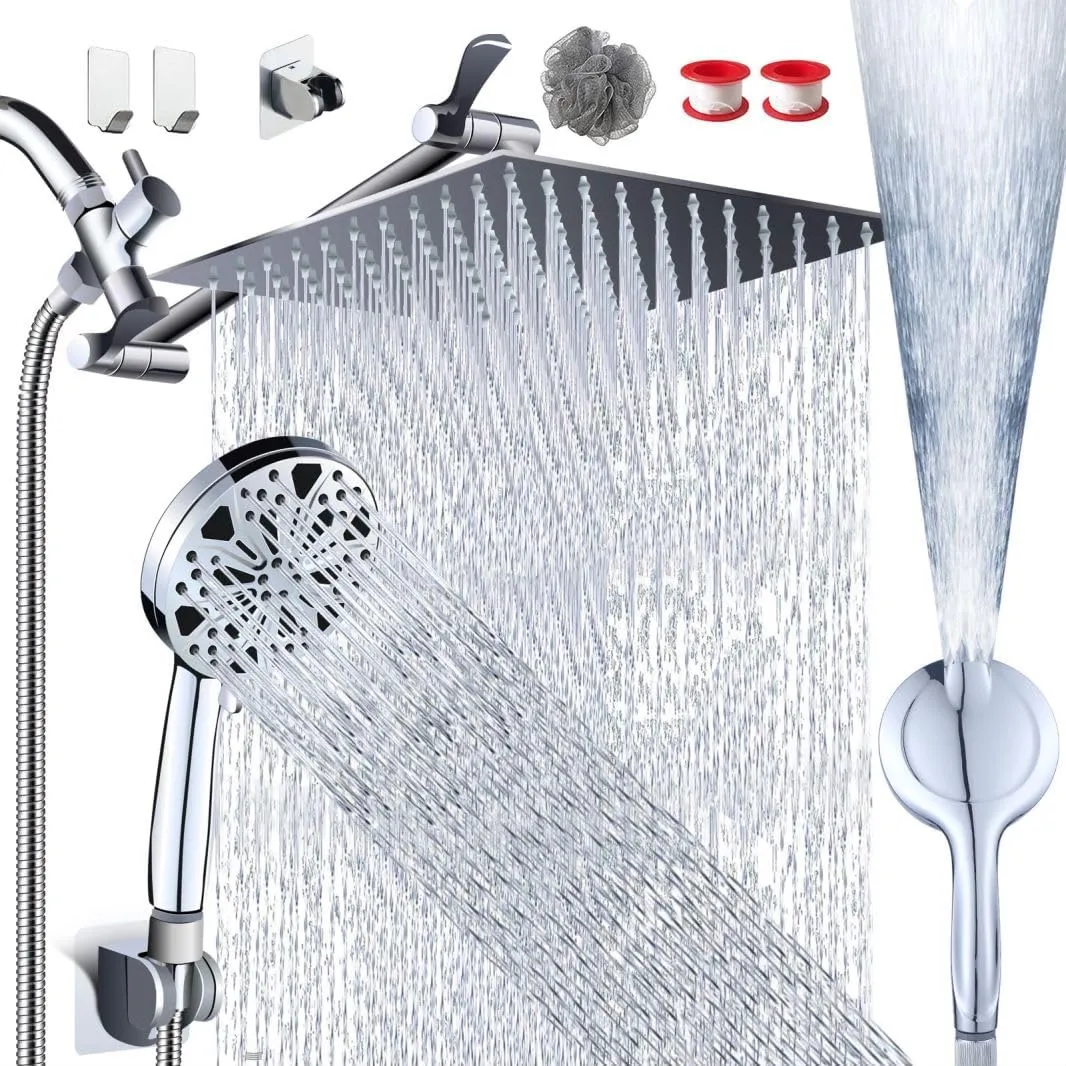10'' Rainfall Shower Head with Handheld Combo, 8 2 Mode, 11'' Adjustable Extension Arm, 100 Self-Cleaning Nozzles