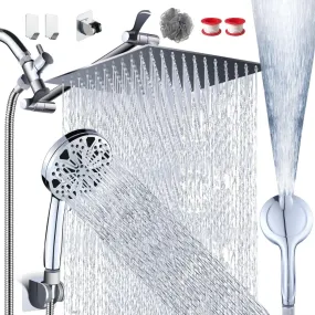 10'' Rainfall Shower Head with Handheld Combo, 8 2 Mode, 11'' Adjustable Extension Arm, 100 Self-Cleaning Nozzles
