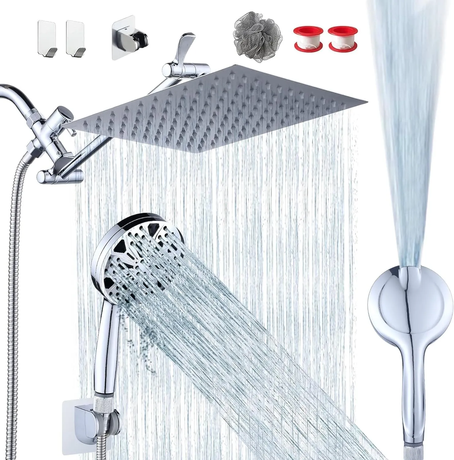 10'' Rainfall Shower Head with Handheld Combo, 8 2 Mode, 11'' Adjustable Extension Arm, 100 Self-Cleaning Nozzles