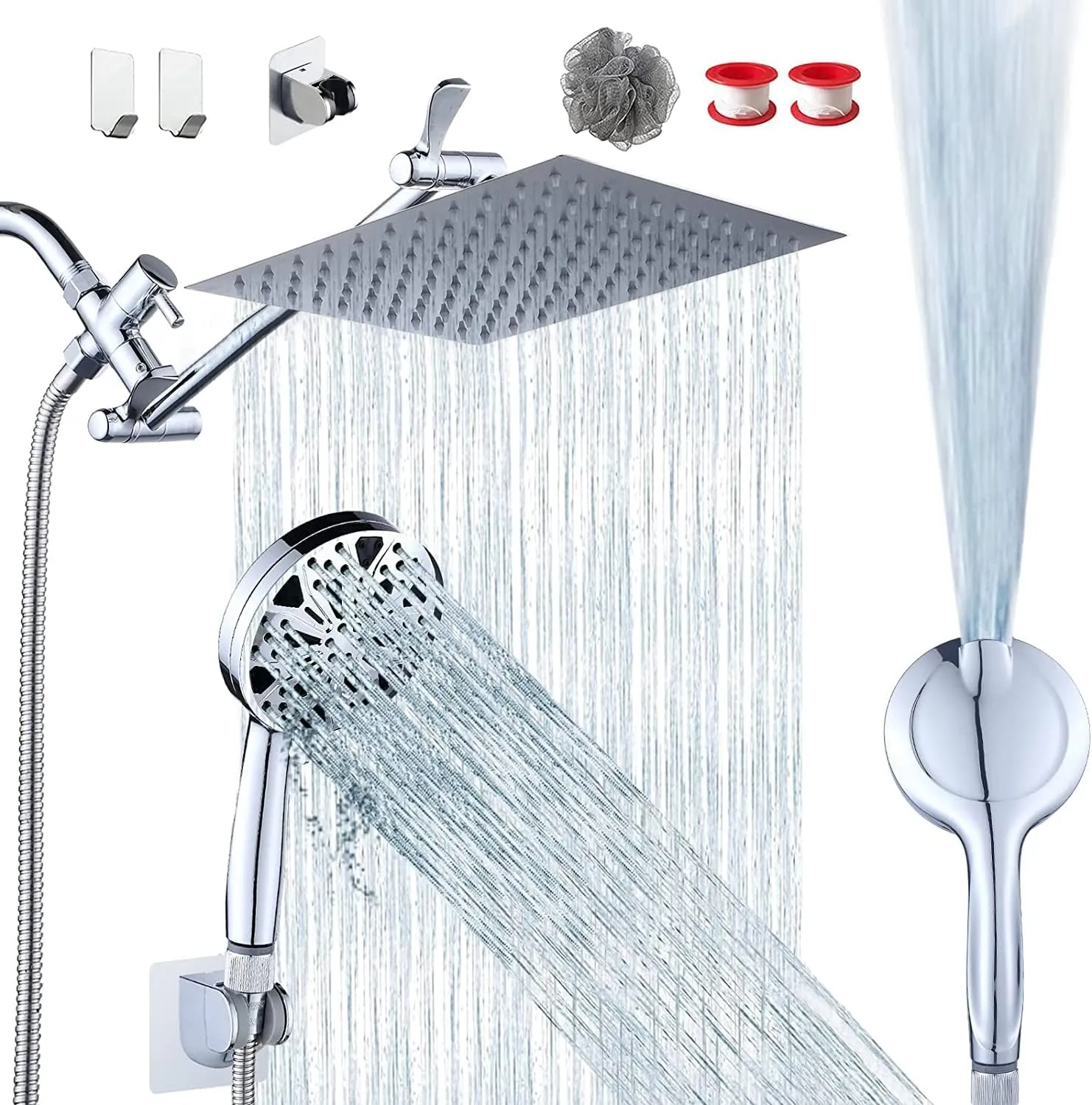 10'' Rainfall Shower Head with Handheld Combo, 8 2 Mode, 11'' Adjustable Extension Arm, 100 Self-Cleaning Nozzles
