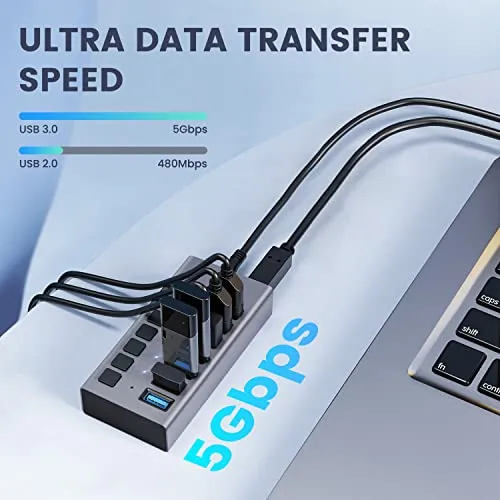 36W Powered USB Hub - ACASIS 7 Ports USB 3.0 Data Hub - with Individual On/Off Switches and 12V/3A Power Adapter USB Hub 3.0 Splitter for Laptop, PC, Computer, Mobile HDD, Flash Drive and More