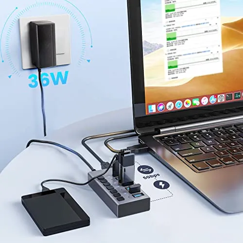 36W Powered USB Hub - ACASIS 7 Ports USB 3.0 Data Hub - with Individual On/Off Switches and 12V/3A Power Adapter USB Hub 3.0 Splitter for Laptop, PC, Computer, Mobile HDD, Flash Drive and More
