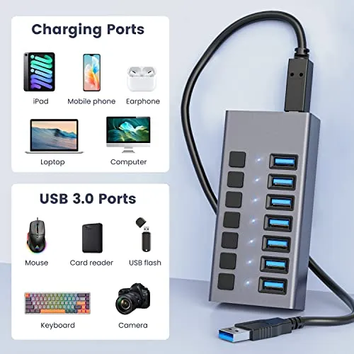 36W Powered USB Hub - ACASIS 7 Ports USB 3.0 Data Hub - with Individual On/Off Switches and 12V/3A Power Adapter USB Hub 3.0 Splitter for Laptop, PC, Computer, Mobile HDD, Flash Drive and More