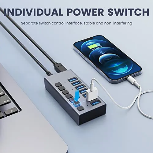36W Powered USB Hub - ACASIS 7 Ports USB 3.0 Data Hub - with Individual On/Off Switches and 12V/3A Power Adapter USB Hub 3.0 Splitter for Laptop, PC, Computer, Mobile HDD, Flash Drive and More
