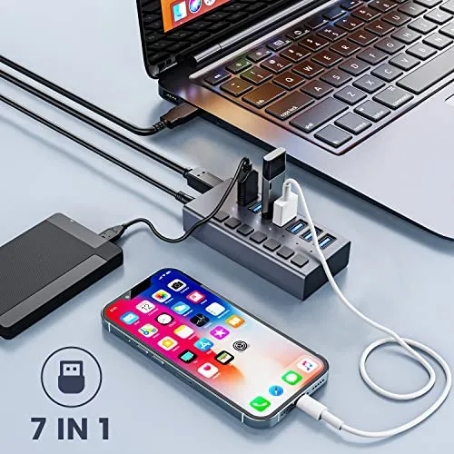 36W Powered USB Hub - ACASIS 7 Ports USB 3.0 Data Hub - with Individual On/Off Switches and 12V/3A Power Adapter USB Hub 3.0 Splitter for Laptop, PC, Computer, Mobile HDD, Flash Drive and More