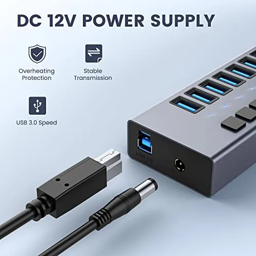 36W Powered USB Hub - ACASIS 7 Ports USB 3.0 Data Hub - with Individual On/Off Switches and 12V/3A Power Adapter USB Hub 3.0 Splitter for Laptop, PC, Computer, Mobile HDD, Flash Drive and More