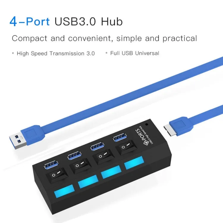 4 Ports USB 3.0 HUB, Super Speed 5Gbps, Plug and Play, Support 1TB