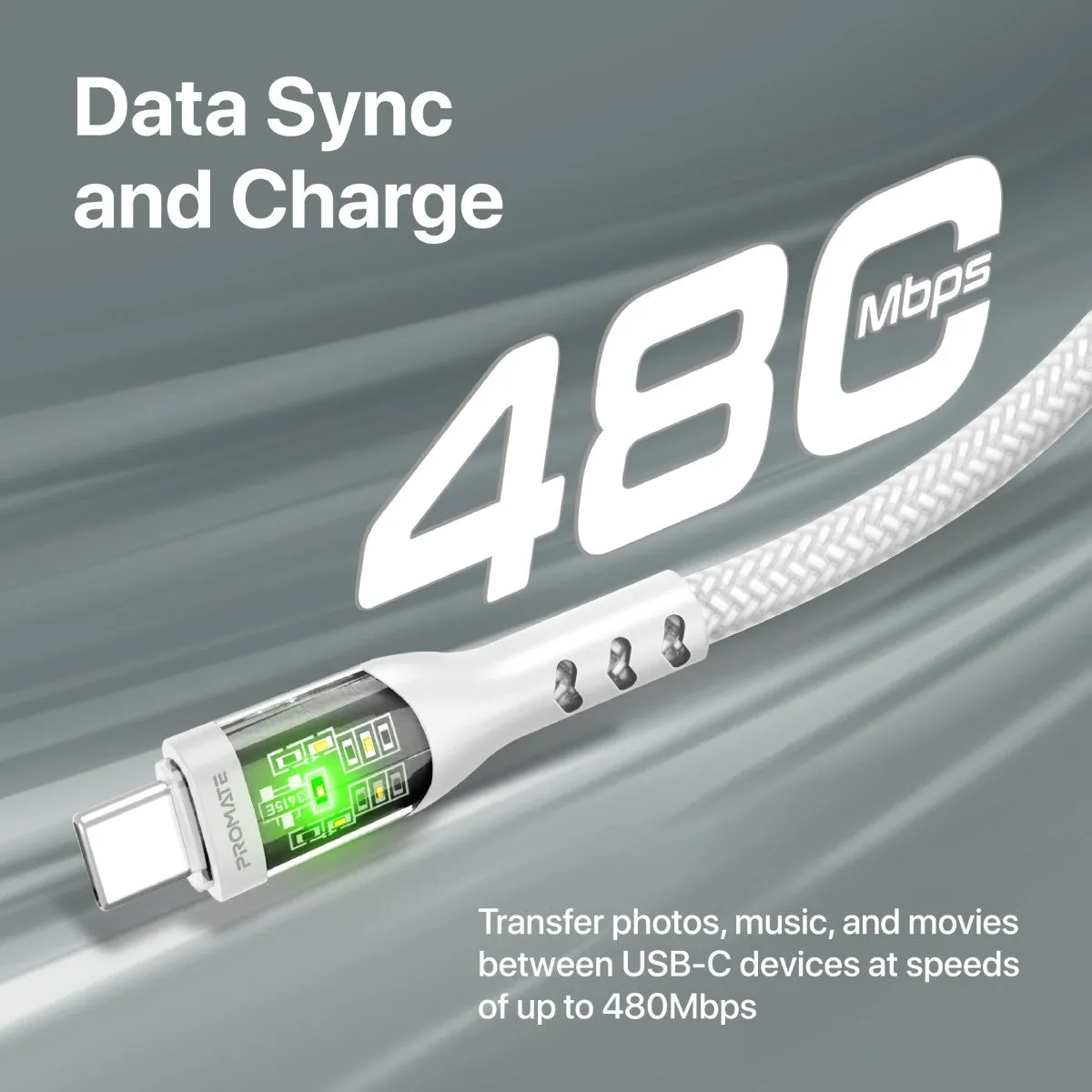 60W Power Delivery Ultra-Fast USB-C Cable with Transparent Shells