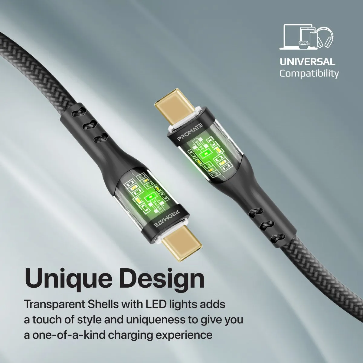 60W Power Delivery Ultra-Fast USB-C Cable with Transparent Shells