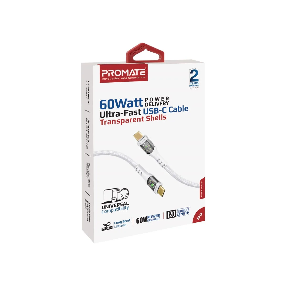 60W Power Delivery Ultra-Fast USB-C Cable with Transparent Shells