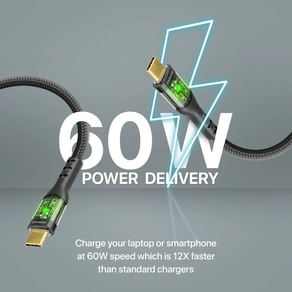 60W Power Delivery Ultra-Fast USB-C Cable with Transparent Shells