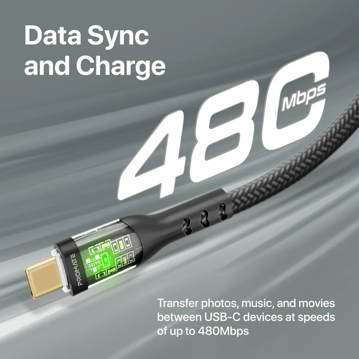 60W Power Delivery Ultra-Fast USB-C Cable with Transparent Shells