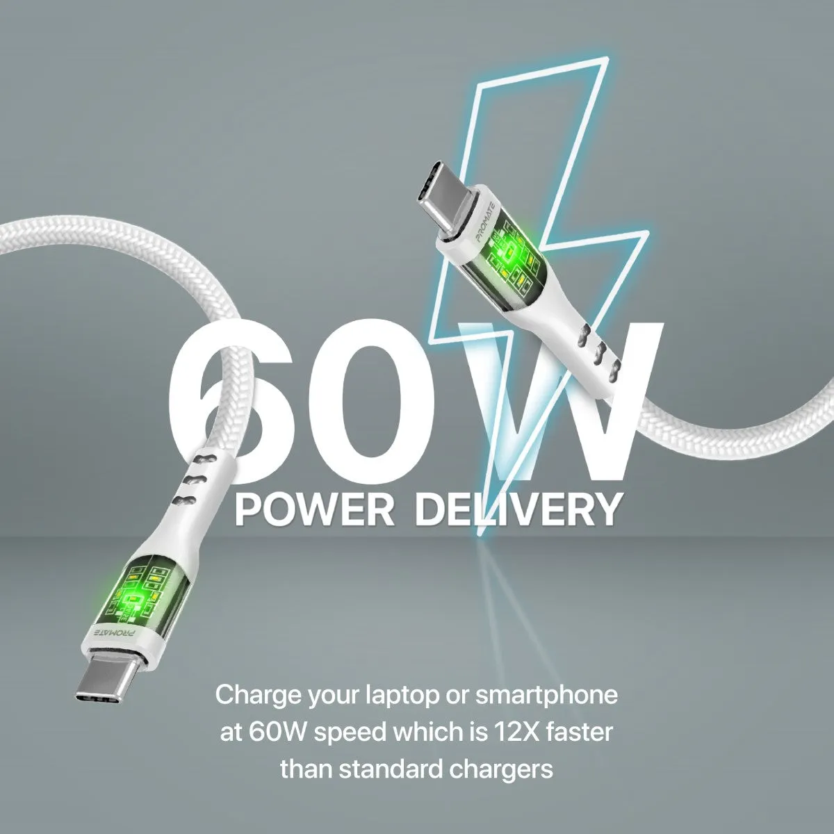 60W Power Delivery Ultra-Fast USB-C Cable with Transparent Shells