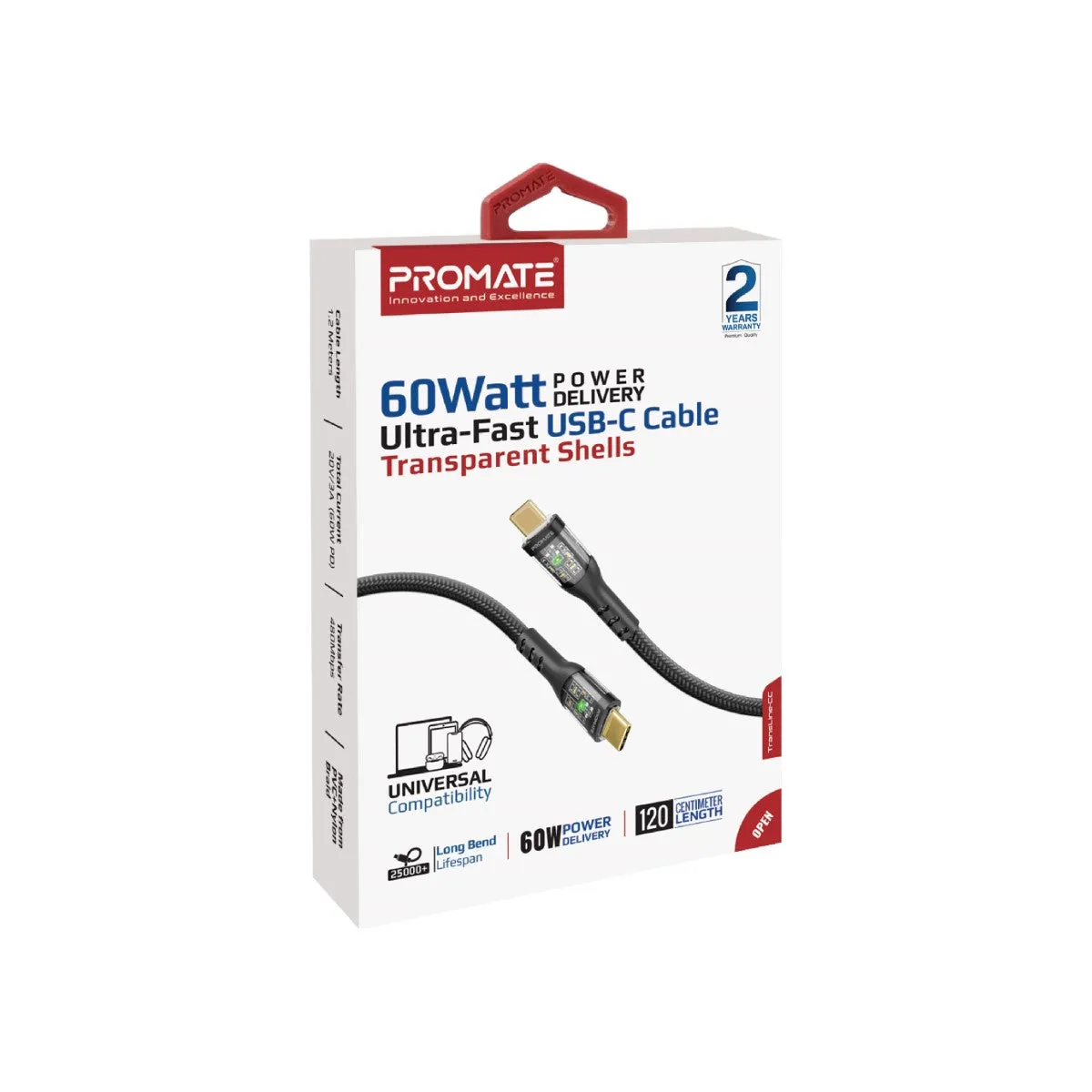 60W Power Delivery Ultra-Fast USB-C Cable with Transparent Shells