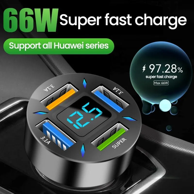 66W 4 Ports USB Car Charger Fast Charging PD Quick Charge 3.0 USB