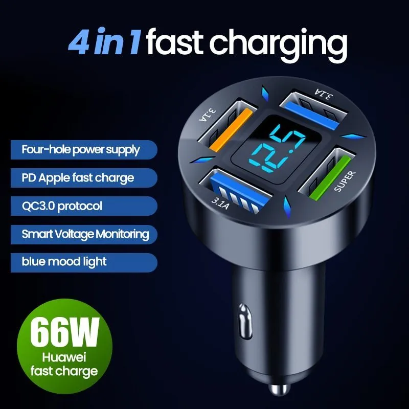 66W 4 Ports USB Car Charger Fast Charging PD Quick Charge 3.0 USB