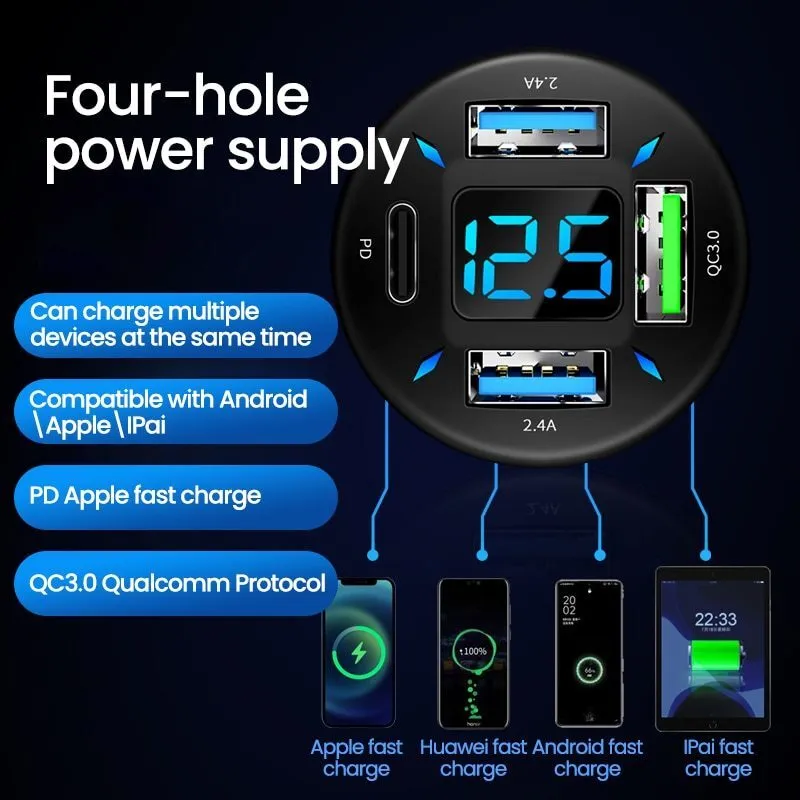 66W 4 Ports USB Car Charger Fast Charging PD Quick Charge 3.0 USB