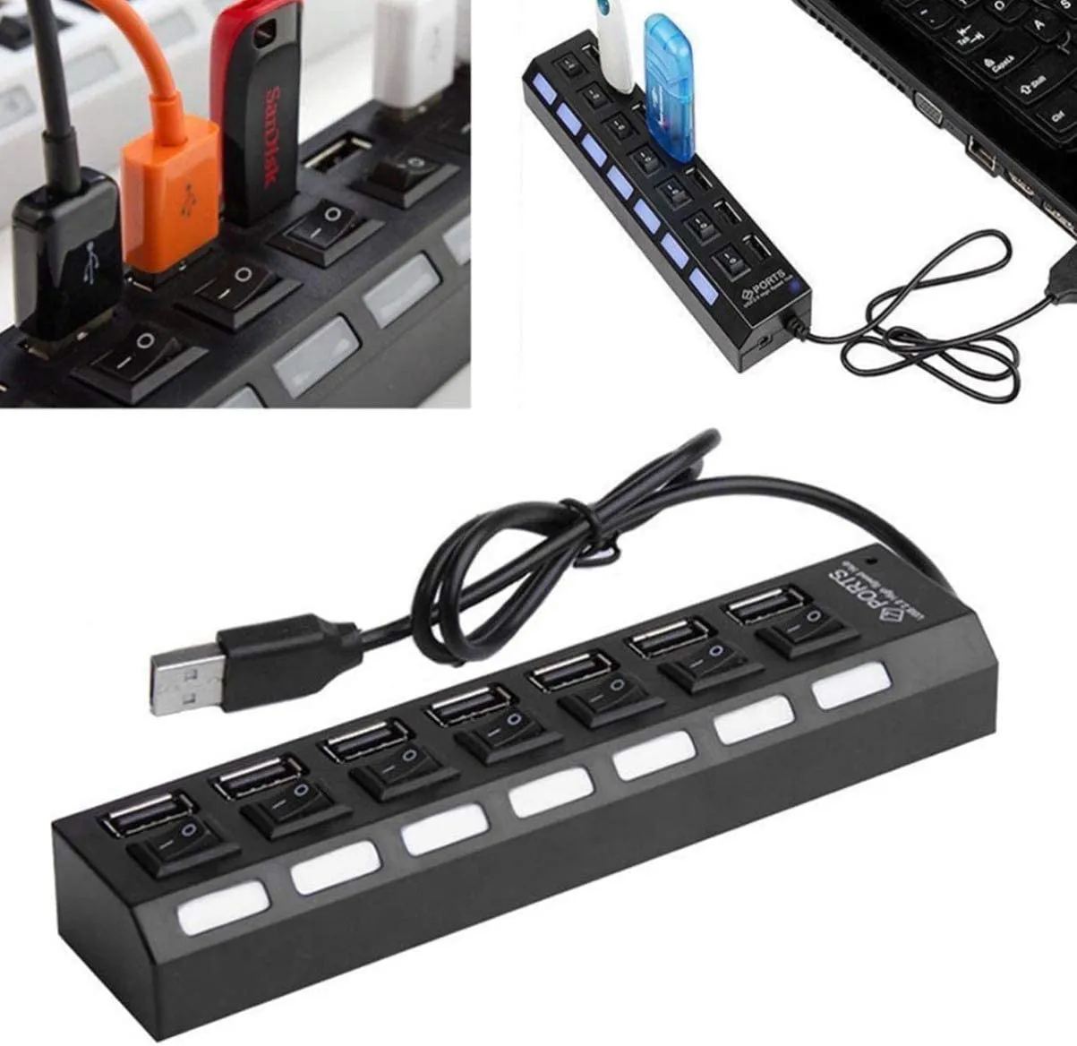 7-Port Usb 2.0 Hub High Speed Power Cable With Led Light Indicator Q-H7
