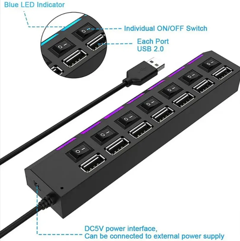 7-Port Usb 2.0 Hub High Speed Power Cable With Led Light Indicator Q-H7