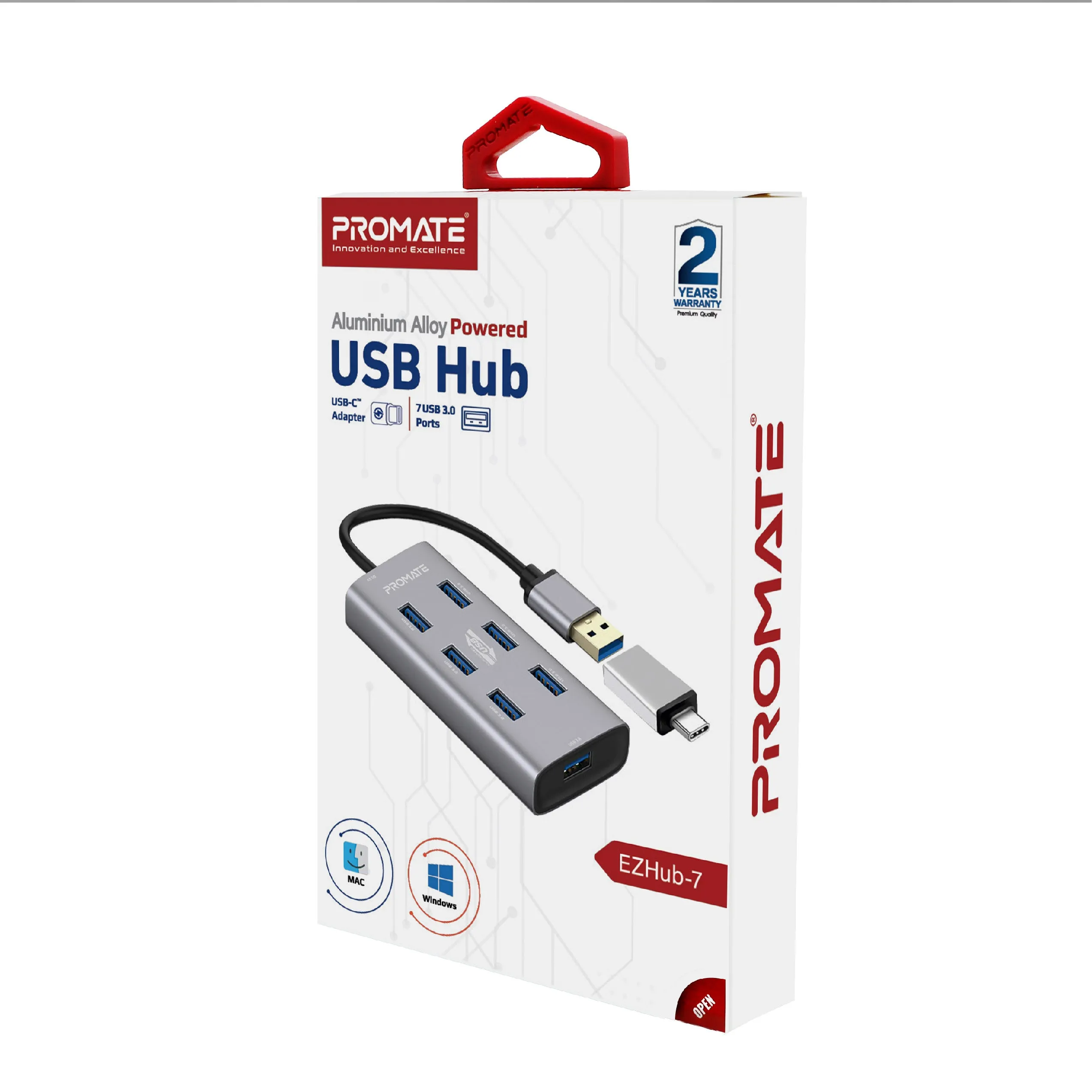 Aluminium Alloy Powered USB Hub • 7 USB 3.0 Ports • USB-C Adaptor • 5Gbps Transfer Rate • Data & Charge