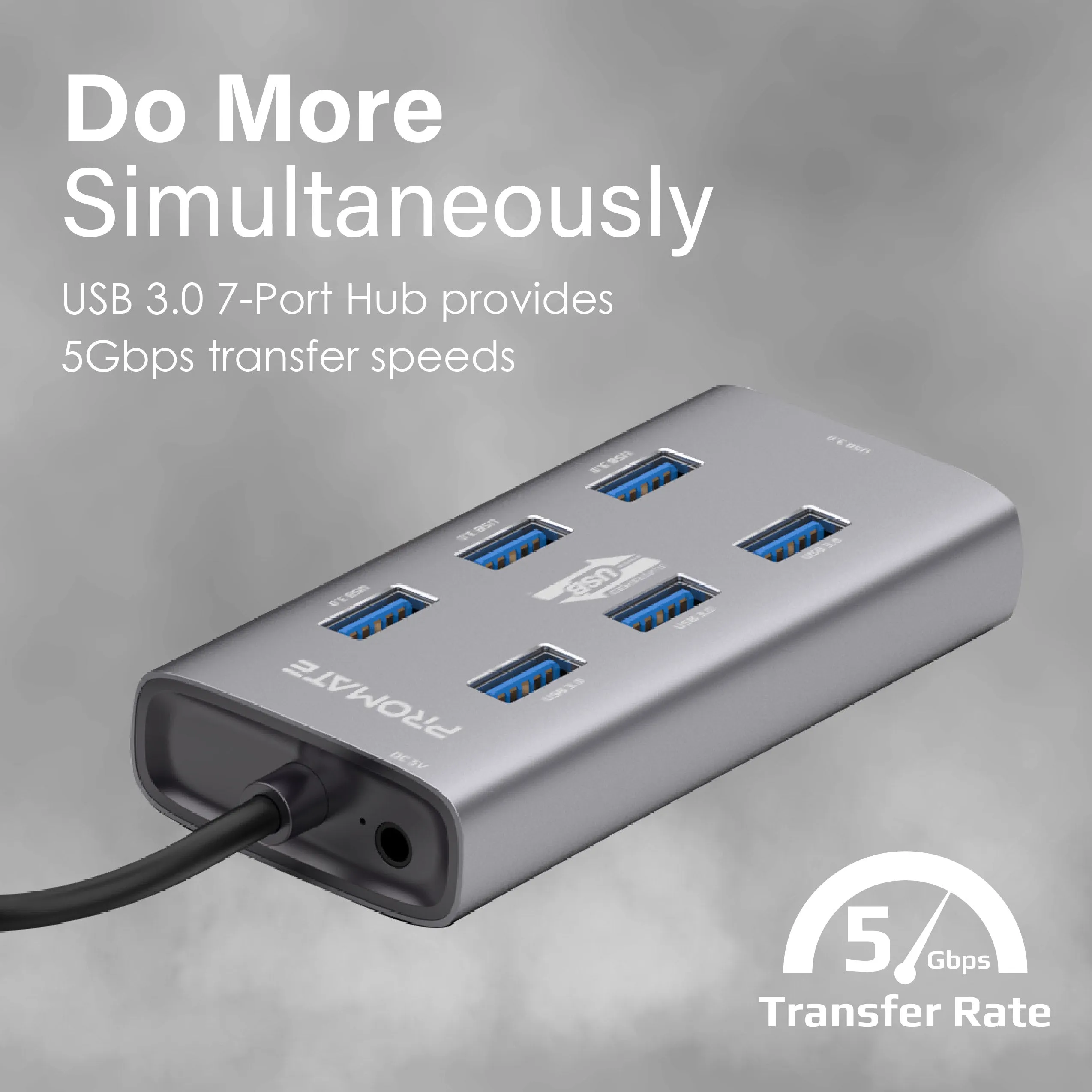 Aluminium Alloy Powered USB Hub • 7 USB 3.0 Ports • USB-C Adaptor • 5Gbps Transfer Rate • Data & Charge
