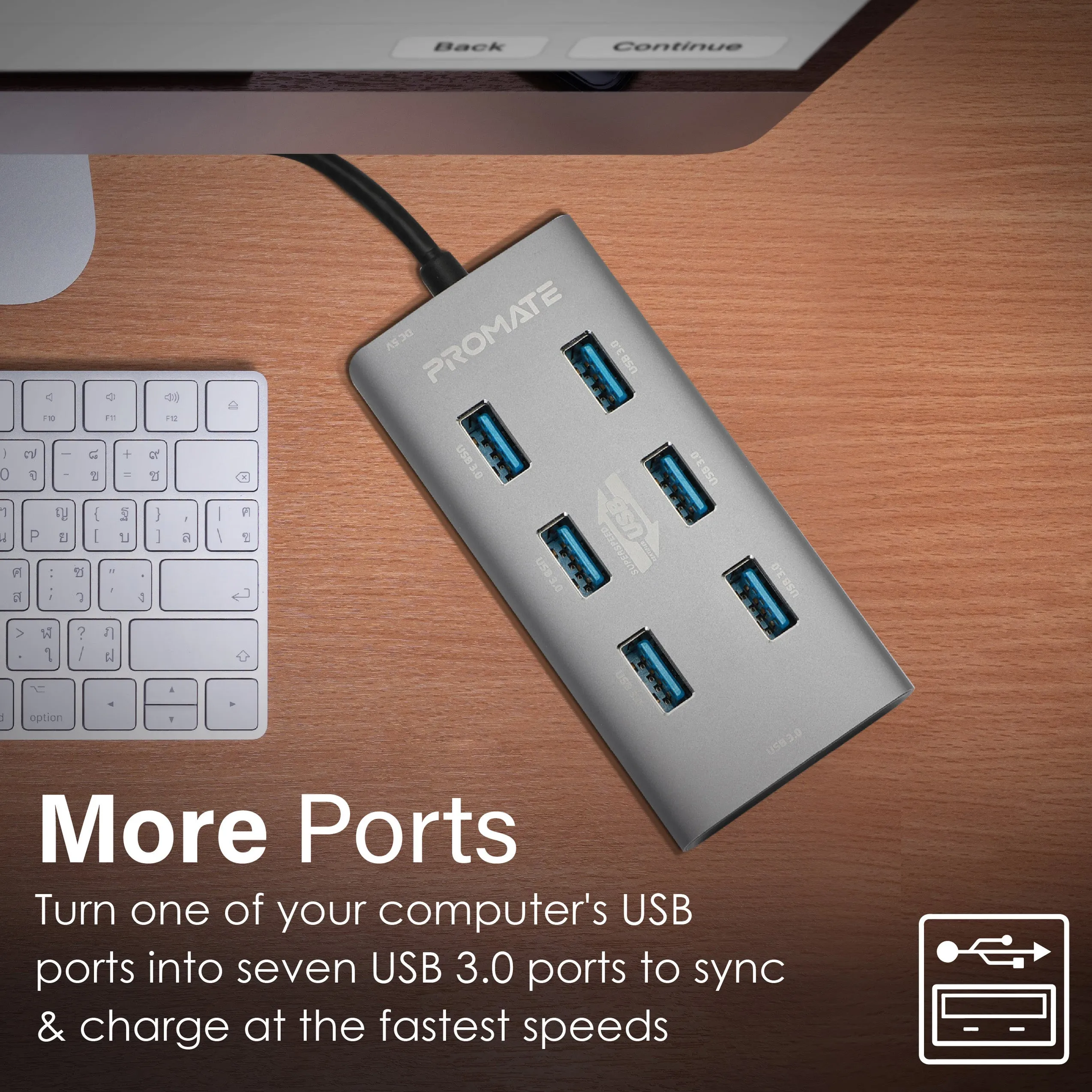 Aluminium Alloy Powered USB Hub • 7 USB 3.0 Ports • USB-C Adaptor • 5Gbps Transfer Rate • Data & Charge