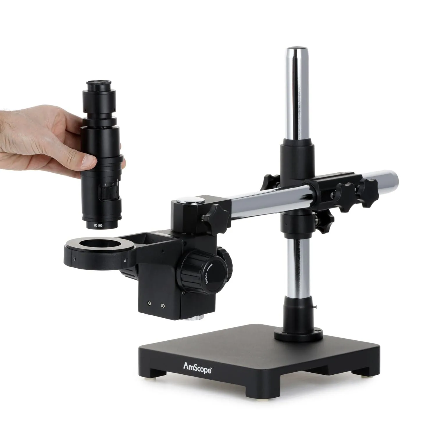 AmScope H800 Series Zoom Inspection Monocular Stereo Microscope 0.7X-5X Magnification on Single-Arm Boom-Stand
