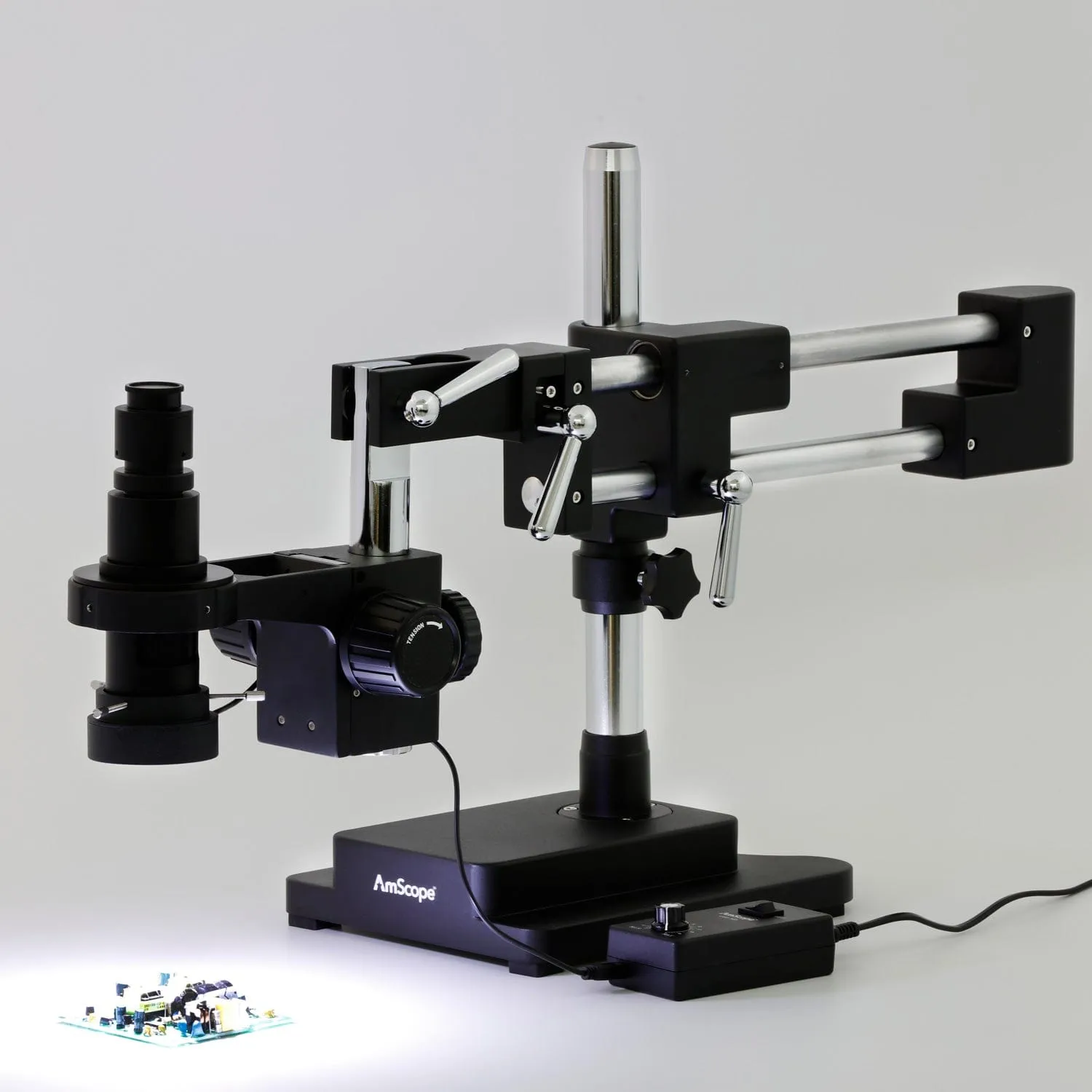 AmScope H800 Series Zoom Inspection Monocular Stereo Microscope 0.7X-5X Magnification on Single-Arm Boom-Stand