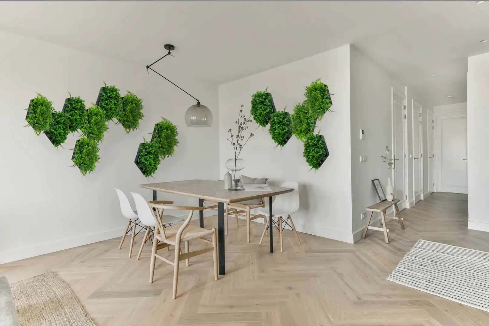 Artificial mixed green foliage with ferns in a hexagon frame