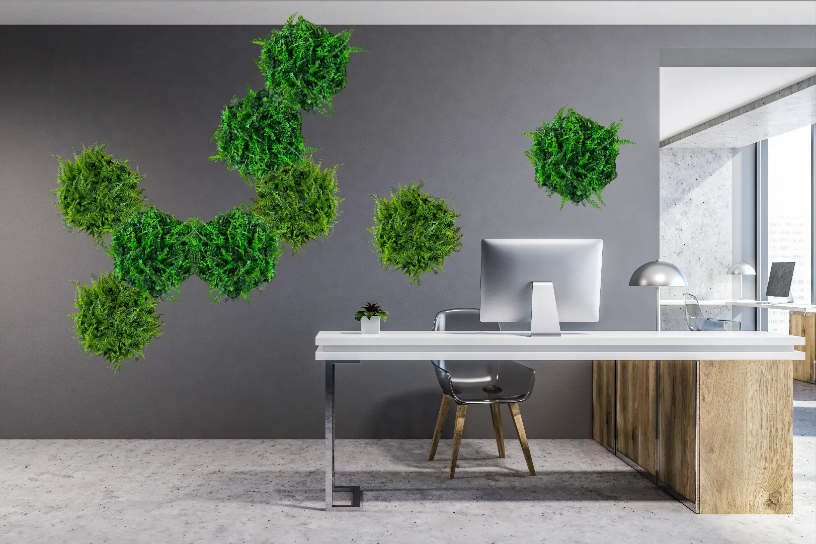 Artificial mixed green foliage with ferns in a hexagon frame