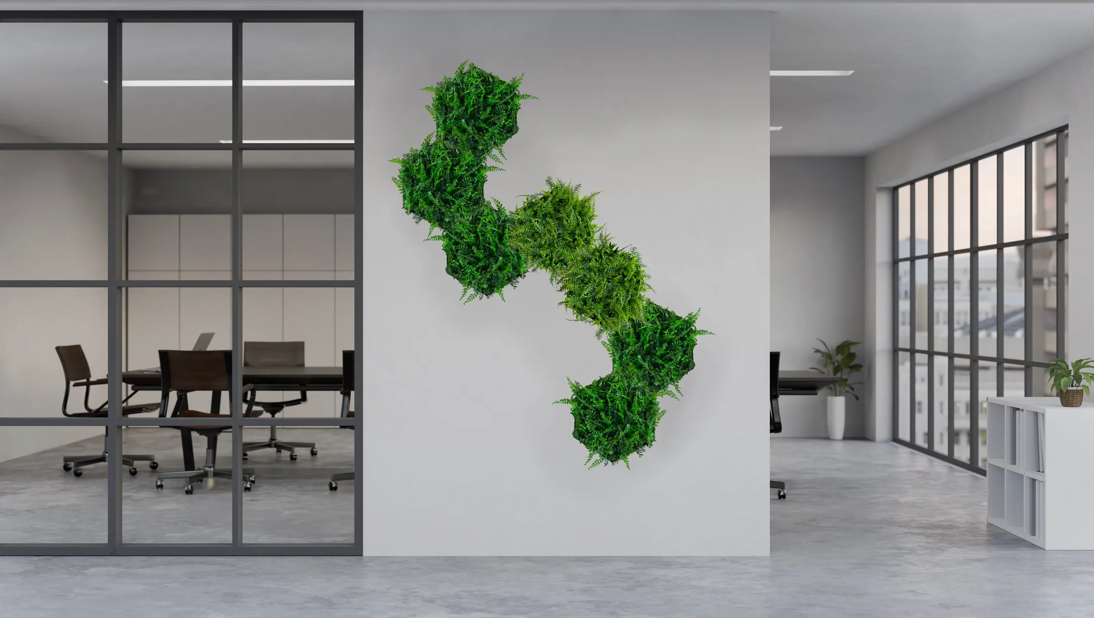 Artificial mixed green foliage with ferns in a hexagon frame