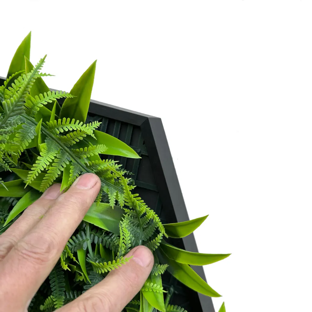 Artificial mixed green foliage with ferns in a hexagon frame