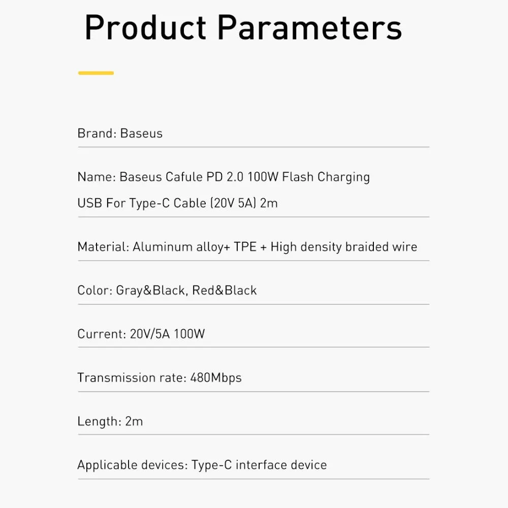 BASEUS PD 100W USB-C to USB-C Charging Cable (2M) | Cafule Series QC3.0 Type-C Fast Charger Cable