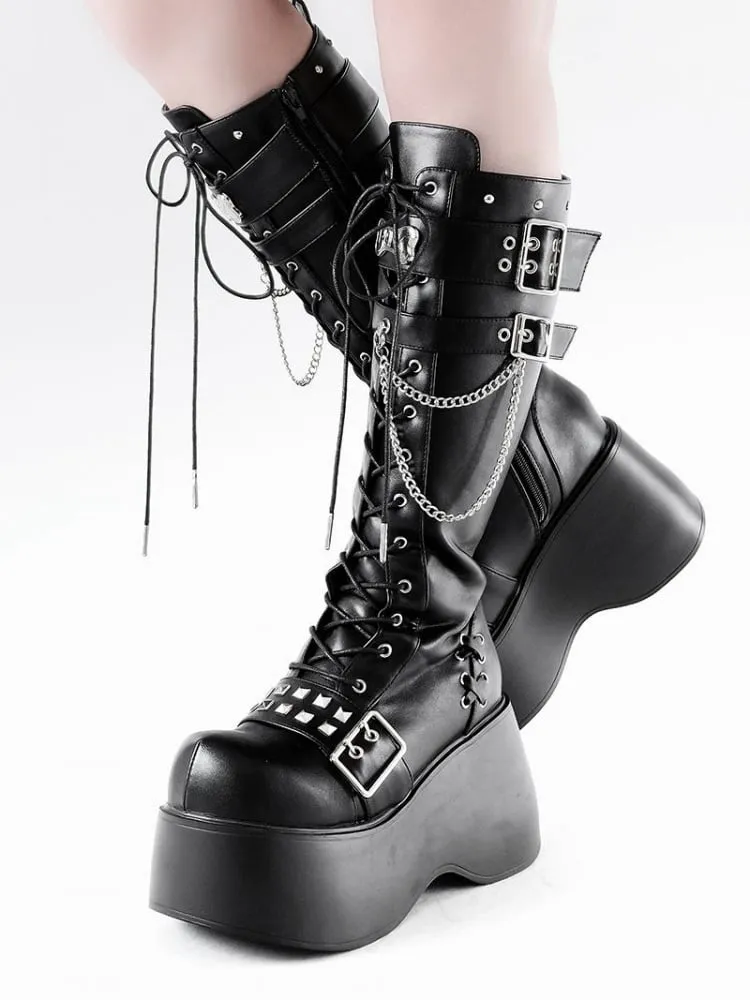 Bone-shaped Metal Plates Matte Black Punk Wedge Platform Knee-high Boots