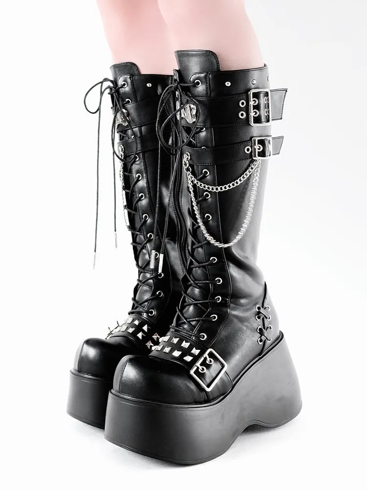 Bone-shaped Metal Plates Matte Black Punk Wedge Platform Knee-high Boots