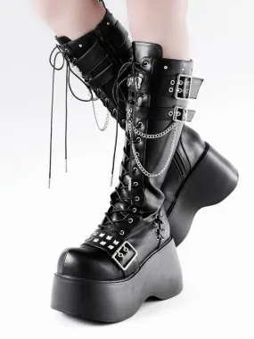 Bone-shaped Metal Plates Matte Black Punk Wedge Platform Knee-high Boots
