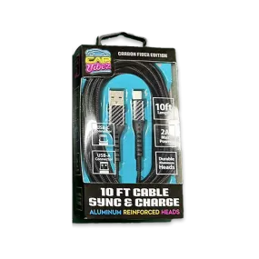Charging Cable Carbon Fiber USB to USB-C 10FT 2 Amp - 3 Pieces Per Pack 24579