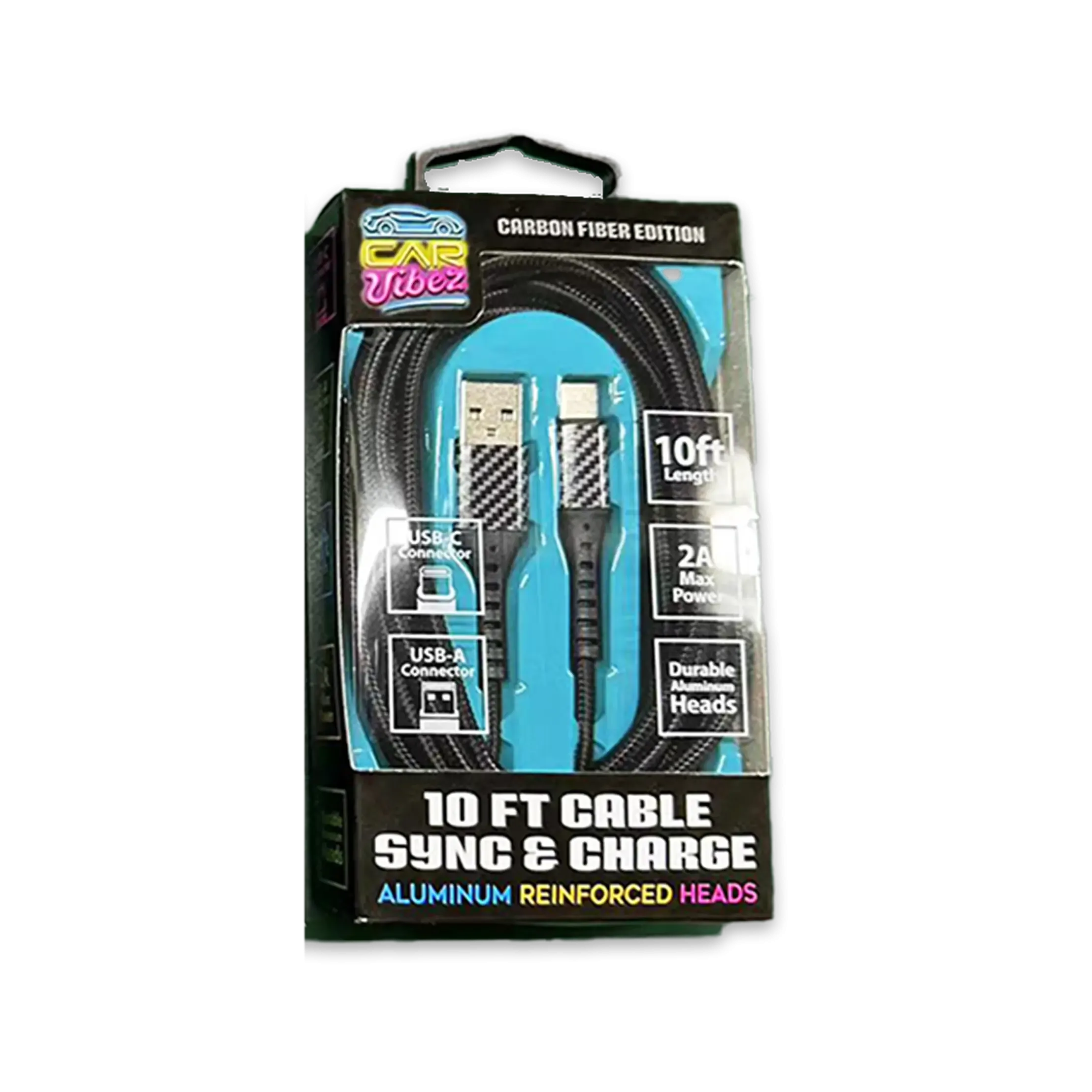 Charging Cable Carbon Fiber USB to USB-C 10FT 2 Amp - 3 Pieces Per Pack 24579