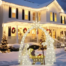 cozy 4-Piece Christmas Decoration Set, Pre-lit Artificial Christmas Tree Garland Wreath 4FT Xmas Trees 4-Piece Set, Outdoor Christmas Tree for Porch, Entrance, Holiday Decor Nativity Scene Fluorescent