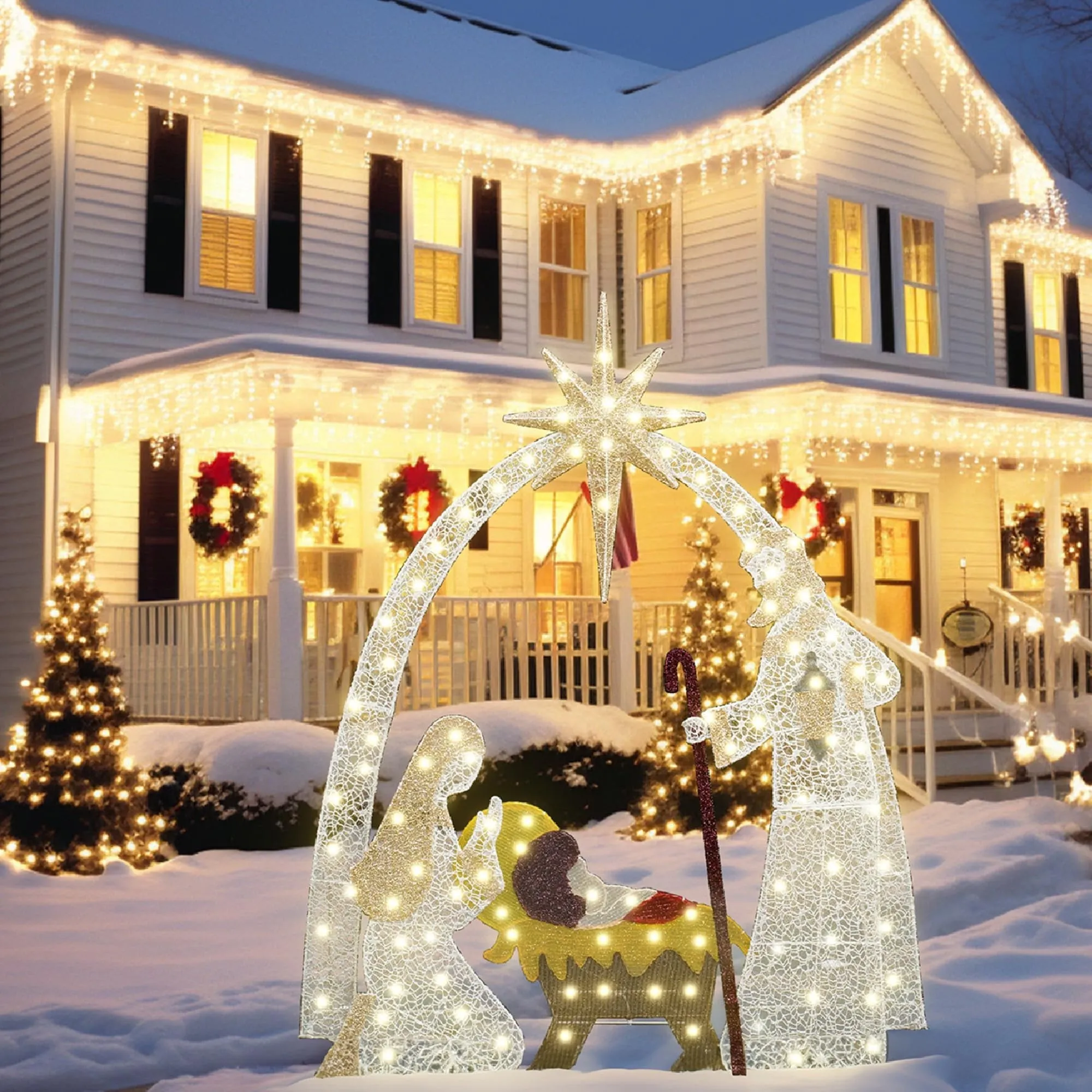 cozy 4-Piece Christmas Decoration Set, Pre-lit Artificial Christmas Tree Garland Wreath 4FT Xmas Trees 4-Piece Set, Outdoor Christmas Tree for Porch, Entrance, Holiday Decor Nativity Scene Fluorescent