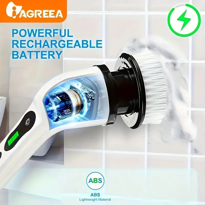 Electric Rotary Scrubber with Replaceable 8 Brush Heads and Adjustable Extension Handle