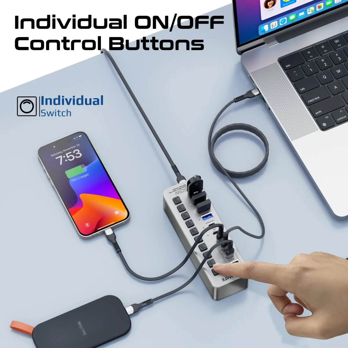 Fast Charge Multi-port USB-C Tower Hub with 5Gbps Data Transfer