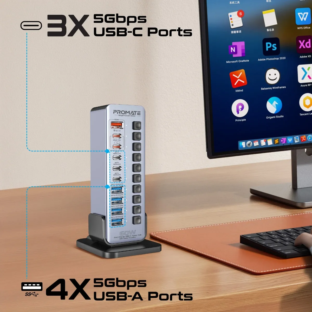 Fast Charge Multi-port USB-C Tower Hub with 5Gbps Data Transfer