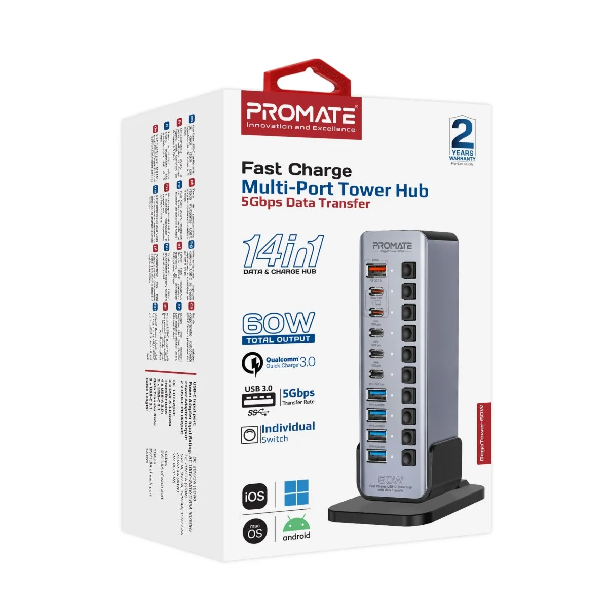 Fast Charge Multi-port USB-C Tower Hub with 5Gbps Data Transfer