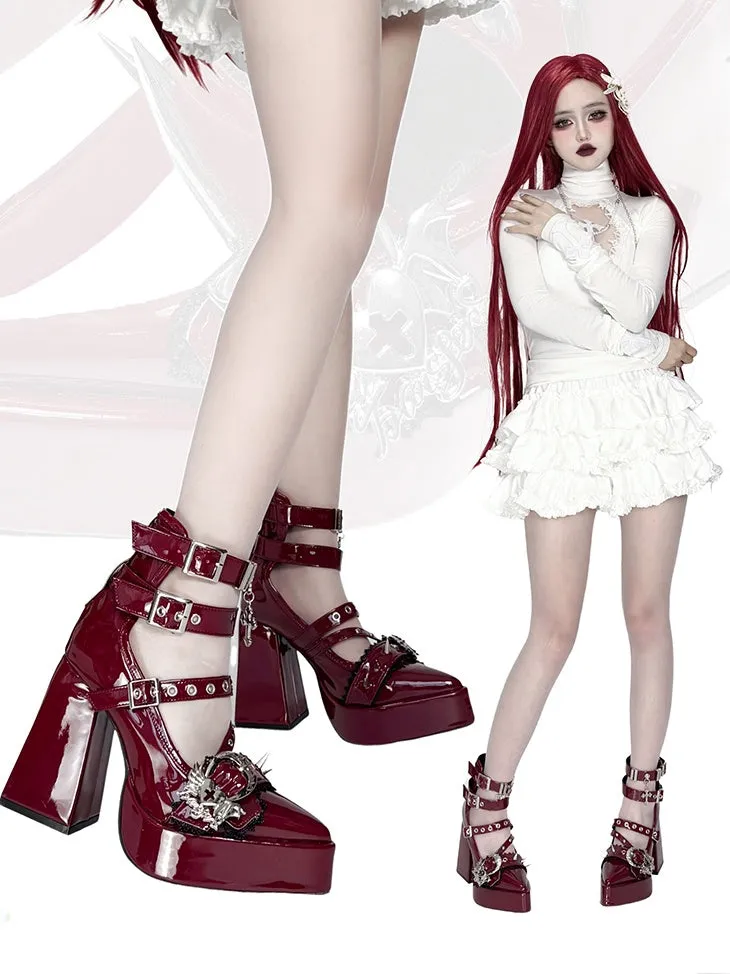 Gothic Wine Red Cross Heart Buckle Straps Stud Platform High Block Heels