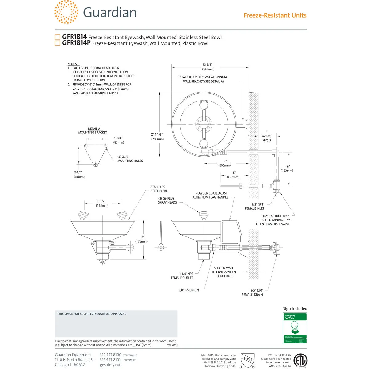 Guardian GFR1814 Freeze-Resistant Wall-Mount Eyewash, Steel Bowl