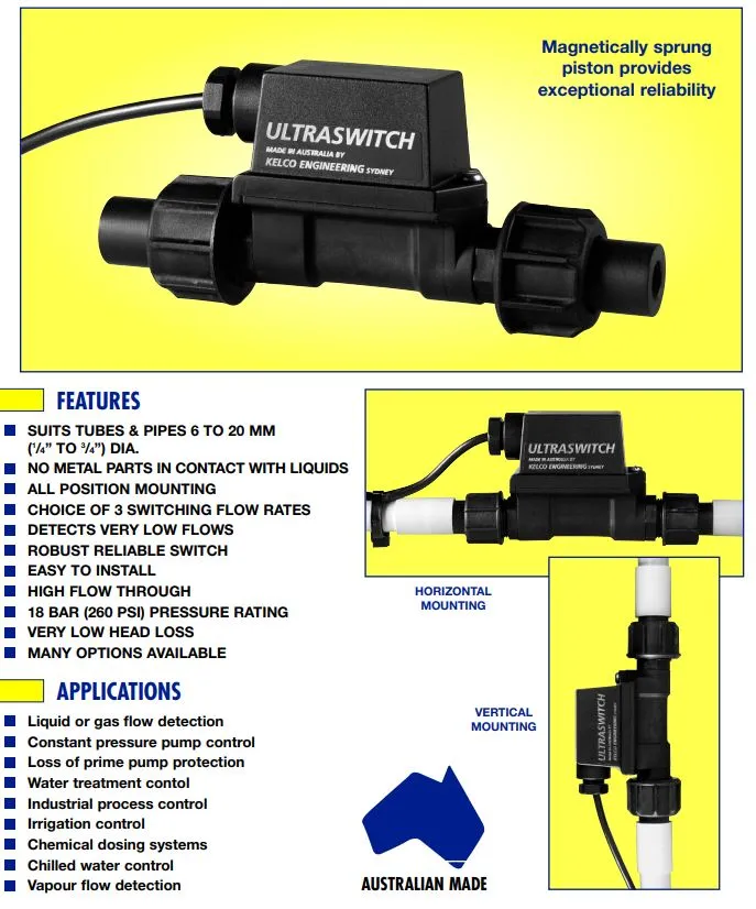 Kelco P20 Series 20mm PVC Corrosion Resistant Inline Flow Switch