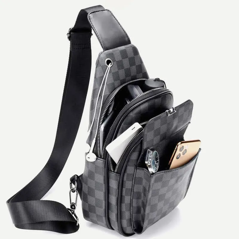 Leather Casual Daypack Sling Shoulder Chest Bag with USB Charging Port