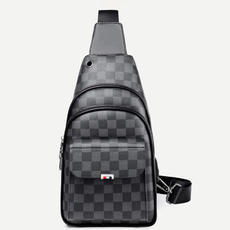 Leather Casual Daypack Sling Shoulder Chest Bag with USB Charging Port