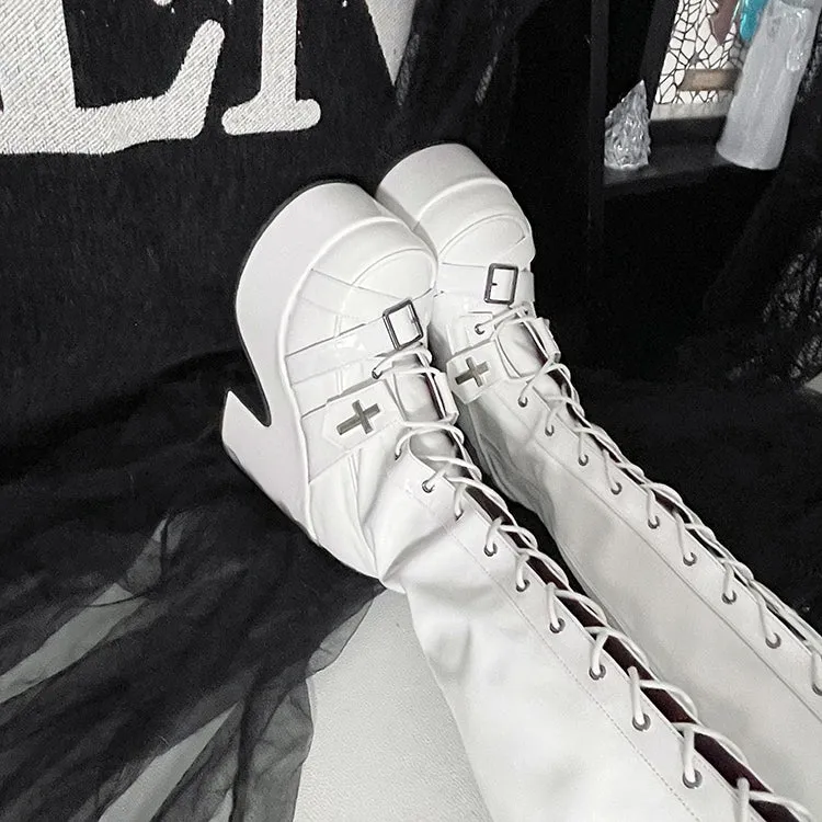 Matte White Front Lace-up Ties Buckle Straps Heel Platform Thigh-high Boots